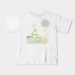 Whimsical forest deer and tiny village Kids T-Shirt